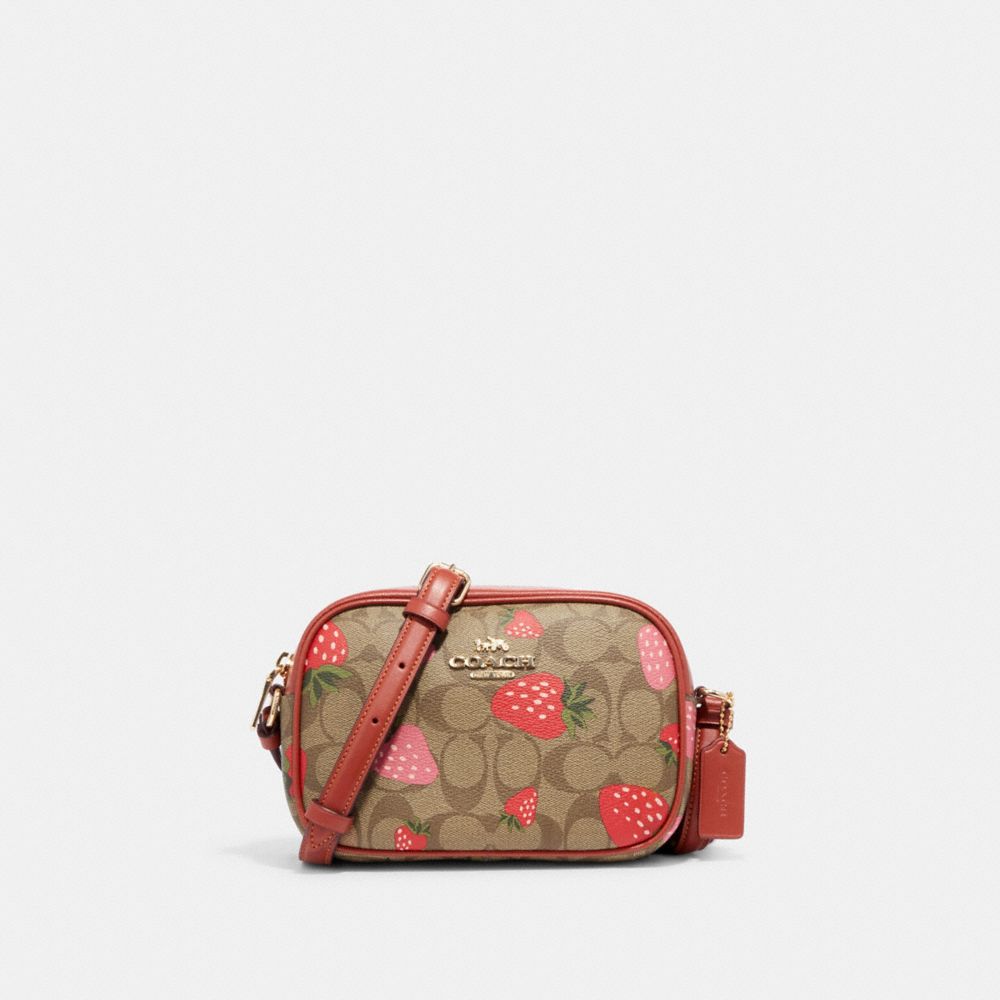 Mini Jamie Camera Bag In Signature Canvas With Wild Strawberry Print - CH522 - Gold/Khaki Multi