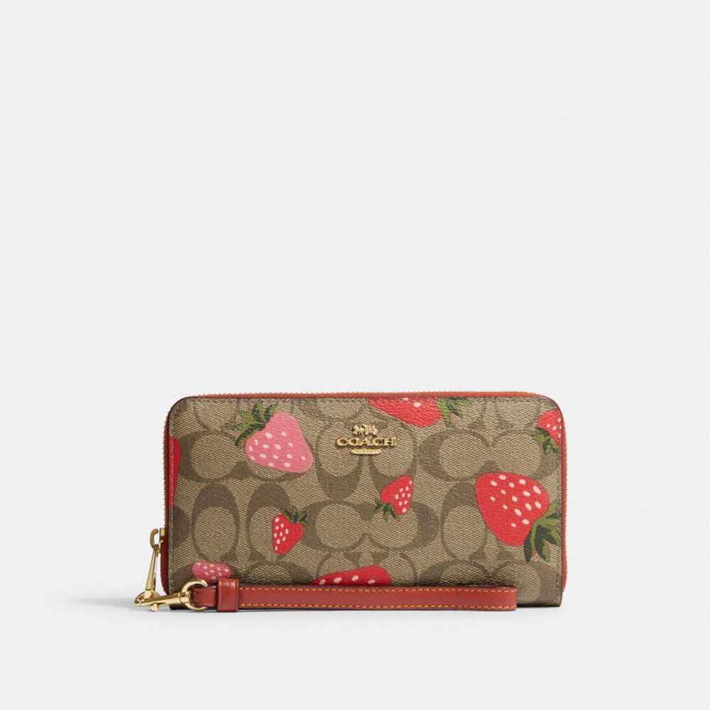 Long Zip Around Wallet In Signature Canvas With Wild Strawberry Print - CH523 - Gold/Khaki Multi
