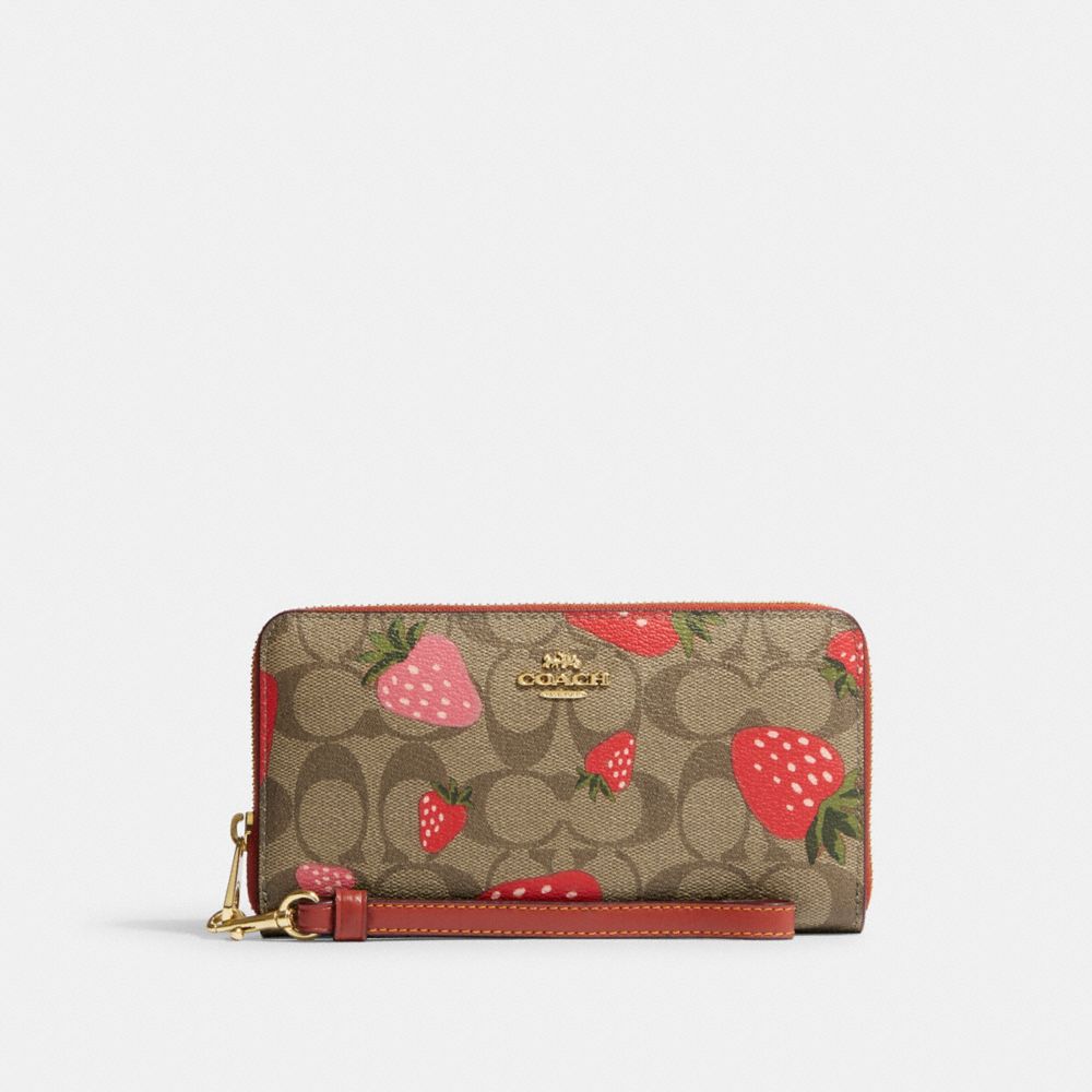 COACH CH523 Long Zip Around Wallet In Signature Canvas With Wild Strawberry Print Gold/Khaki Multi