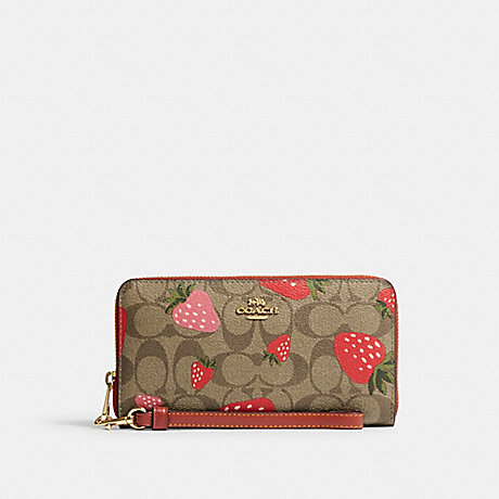 COACH CH523 Long Zip Around Wallet In Signature Canvas With Wild Strawberry Print Gold/Khaki-Multi
