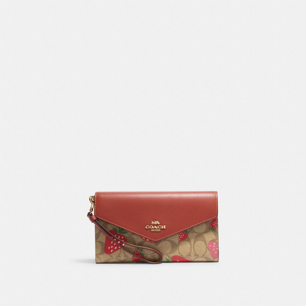 COACH CH524 Travel Envelope Wallet In Signature Canvas With Wild Strawberry Print GOLD/KHAKI MULTI