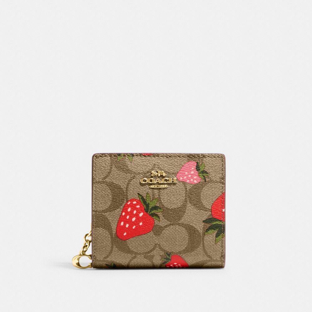 COACH CH526 Snap Wallet In Signature Canvas With Wild Strawberry Print Gold/Khaki Multi