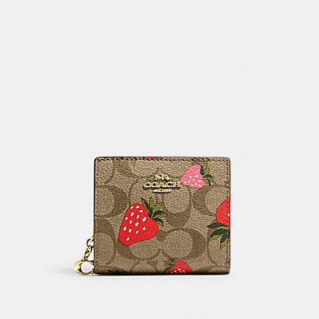 COACH CH526 Snap Wallet In Signature Canvas With Wild Strawberry Print Gold/Khaki-Multi