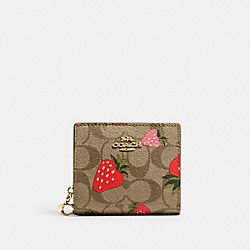 COACH CH526 Snap Wallet In Signature Canvas With Wild Strawberry Print GOLD/KHAKI MULTI