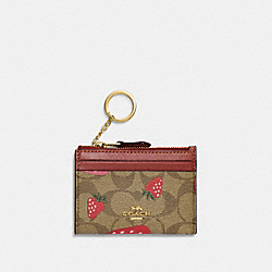 COACH CH527 Mini Skinny Id Case In Signature Canvas With Wild Strawberry Print GOLD/KHAKI MULTI