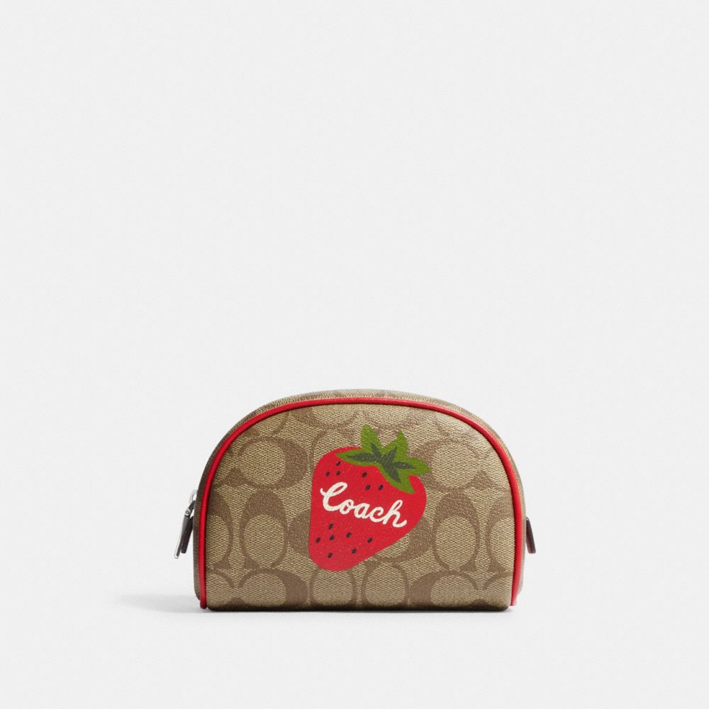 Dome Cosmetic Case In Signature Canvas With Wild Strawberry - CH528 - Silver/Khaki/Electric Red
