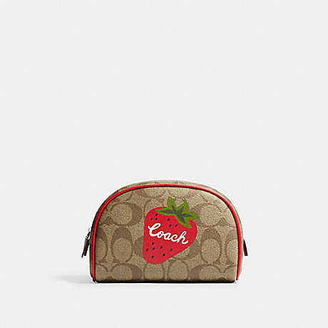 COACH CH528 Dome Cosmetic Case In Signature Canvas With Wild Strawberry Silver/Khaki/Electric-Red