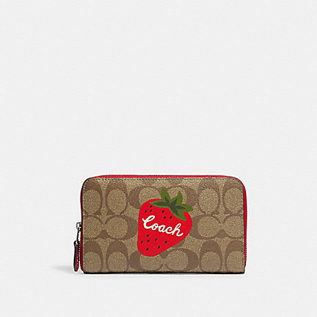 COACH CH529 Medium Id Zip Wallet In Signature Canvas With Wild Strawberry Silver/Khaki/Electric-Red