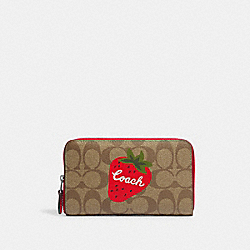 COACH CH529 Medium Id Zip Wallet In Signature Canvas With Wild Strawberry SILVER/KHAKI/ELECTRIC RED