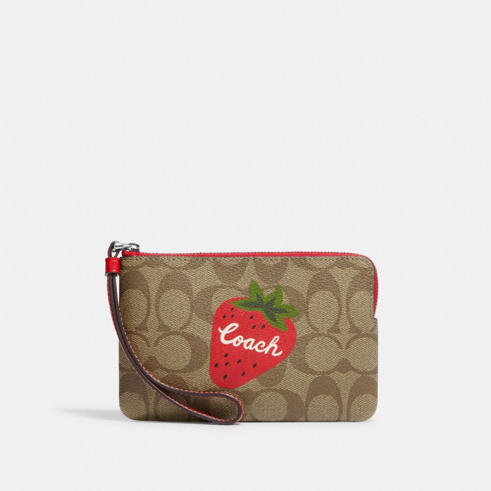 COACH CH530 Corner Zip Wristlet In Signature Canvas With Wild Strawberry Silver/Khaki/Electric Red