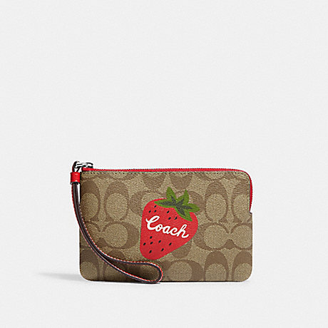 COACH CH530 Corner Zip Wristlet In Signature Canvas With Wild Strawberry Silver/Khaki/Electric-Red