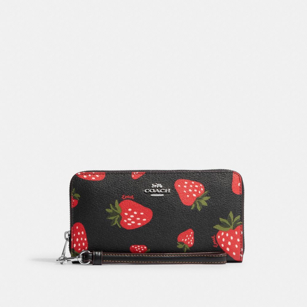 Long Zip Around Wallet With Wild Strawberry Print - CH531 - Silver/Black Multi