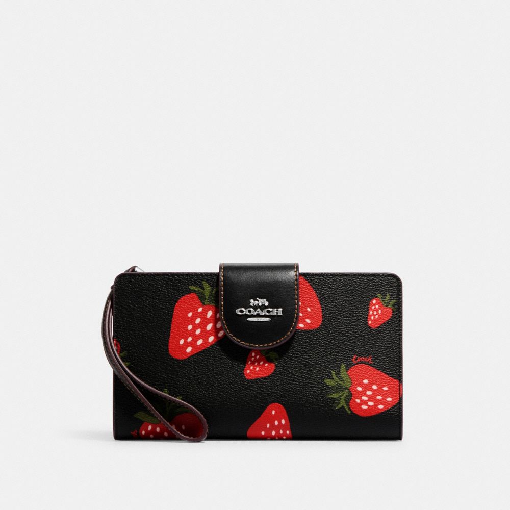 COACH CH534 Tech Wallet With Wild Strawberry Print Silver/Black Multi