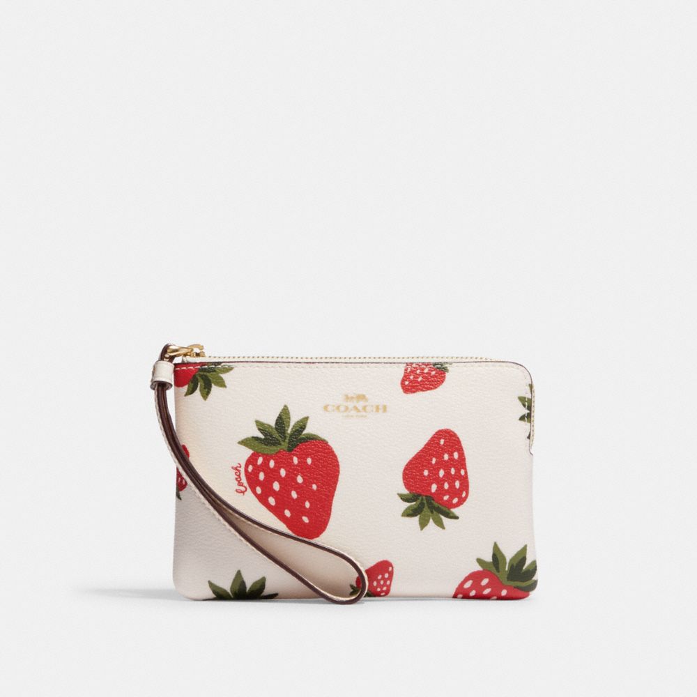 COACH CH535 Corner Zip Wristlet With Wild Strawberry Print GOLD/CHALK MULTI