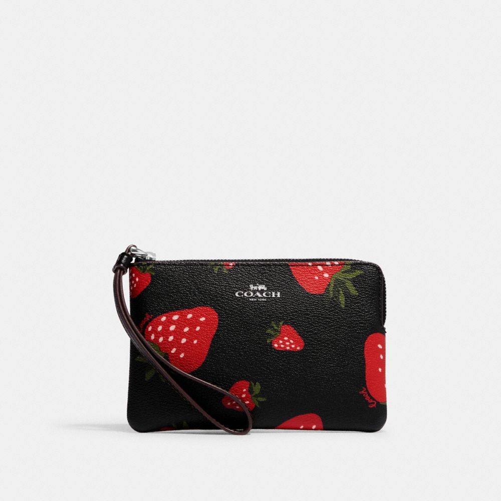 COACH CH535 Corner Zip Wristlet With Wild Strawberry Print Silver/Black Multi