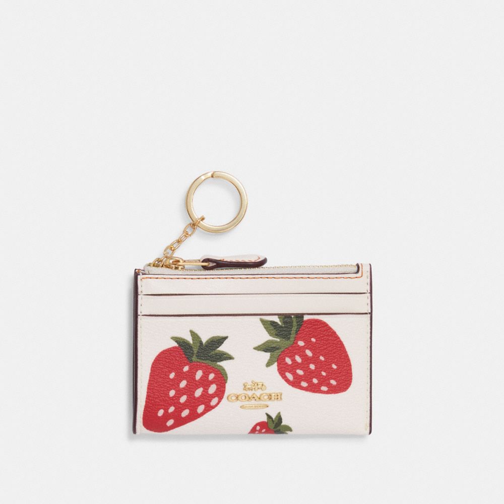 COACH CH541 Mini Skinny Id Case With Wild Strawberry Print Gold/Chalk Multi