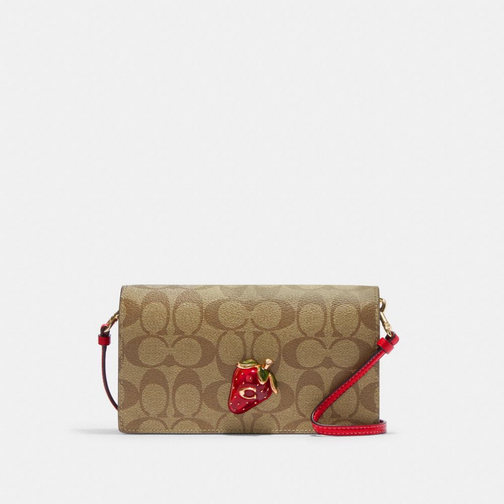 Anna Foldover Clutch Crossbody In Signature Canvas With Strawberry - CH547 - Im/Khaki/Electric Red