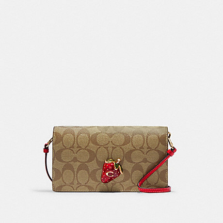 COACH CH547 Anna Foldover Clutch Crossbody In Signature Canvas With Strawberry Im/Khaki/Electric Red