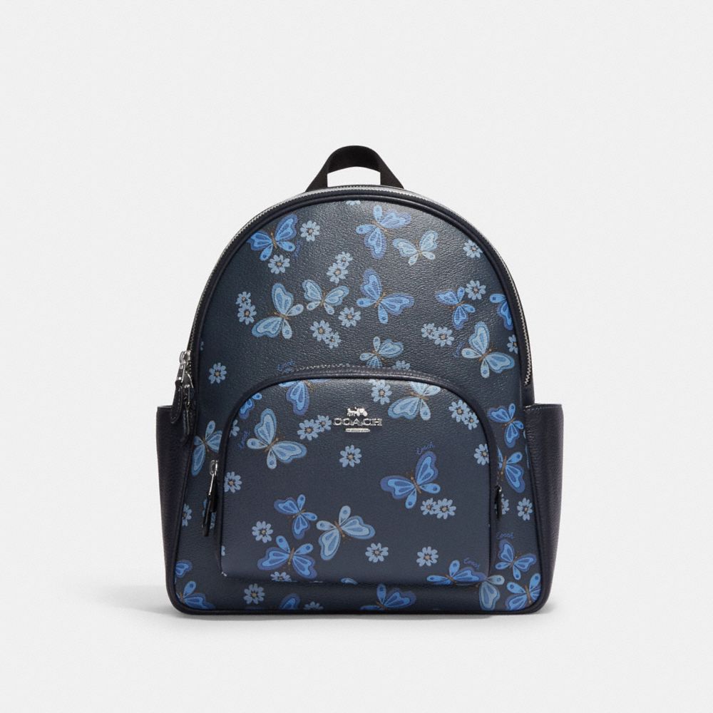 COACH CH553 Court Backpack With Lovely Butterfly Print Silver/Midnight Navy Multi