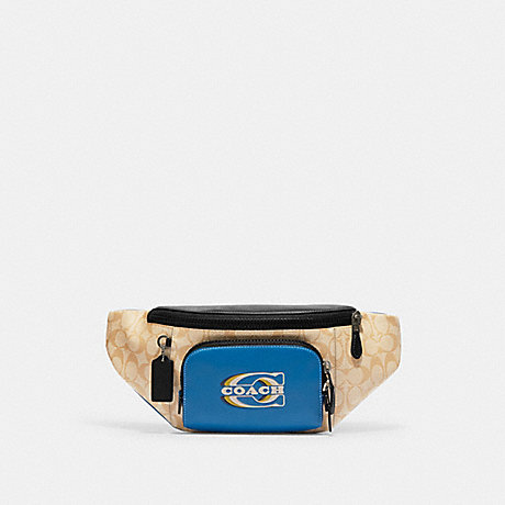 COACH CH587 Track Belt Bag In Colorblock Signature Canvas With Coach Stamp Black-Antique-Nickel/Light-Khaki/Blue-Jay-Multi