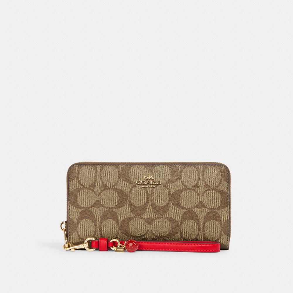 COACH CH595 Long Zip Around Wallet In Signature Canvas With Strawberry Im/Khaki/Electric Red