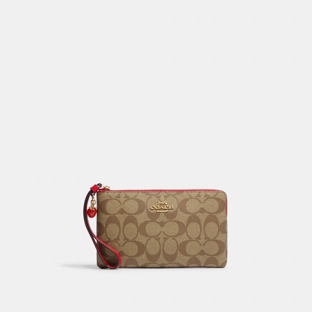 COACH CH596 Large Corner Zip Wristlet In Signature Canvas With Strawberry IM/KHAKI/ELECTRIC RED