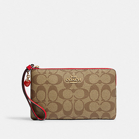 COACH CH596 Large Corner Zip Wristlet In Signature Canvas With Strawberry Im/Khaki/Electric Red