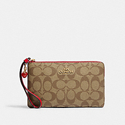 Large Corner Zip Wristlet In Signature Canvas With Strawberry - CH596 - Im/Khaki/Electric Red