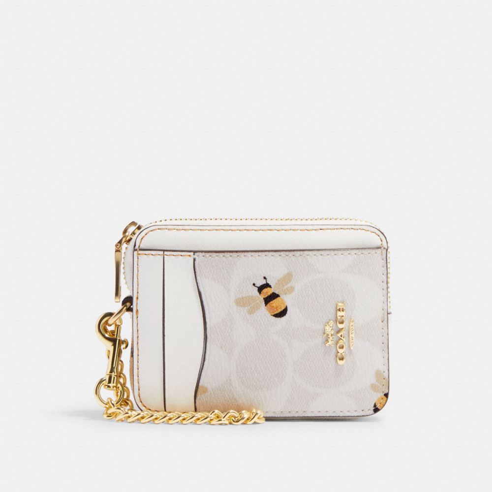 Zip Card Case In Signature Canvas With Bee Print - CH598 - Gold/Chalk/Glacier White Multi