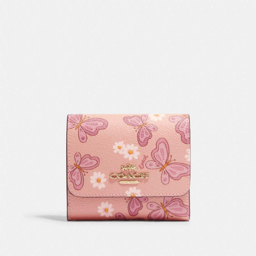 Small Trifold Wallet With Lovely Butterfly Print - CH606 - Gold/Shell Pink Multi