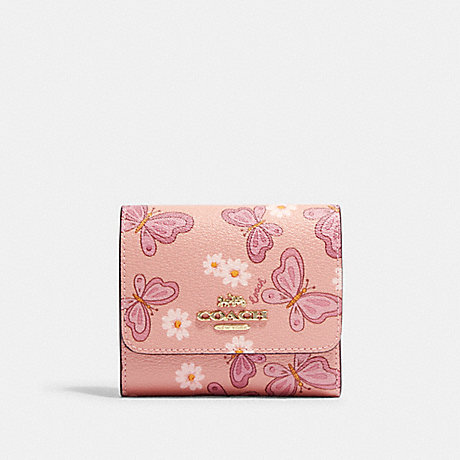 COACH CH606 Small Trifold Wallet With Lovely Butterfly Print Gold/Shell-Pink-Multi
