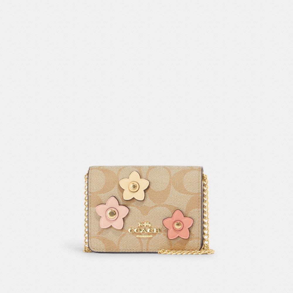 COACH CH620 Mini Wallet On A Chain In Signature Canvas With Floral Applique GOLD/LIGHT KHAKI MULTI