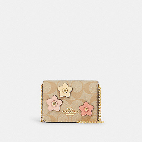 COACH CH620 Mini Wallet On A Chain In Signature Canvas With Floral Applique Gold/Light Khaki Multi
