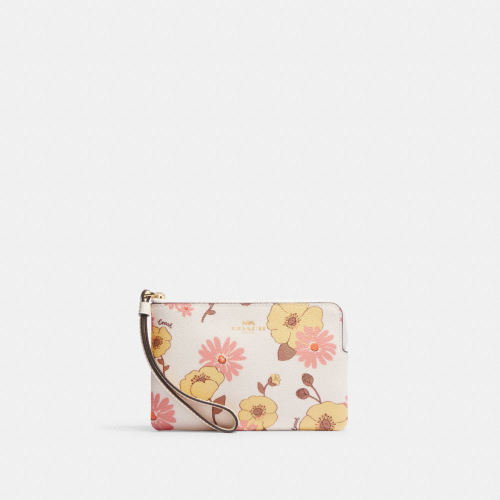 Corner Zip Wristlet With Floral Cluster Print - CH647 - Gold/Chalk Multi