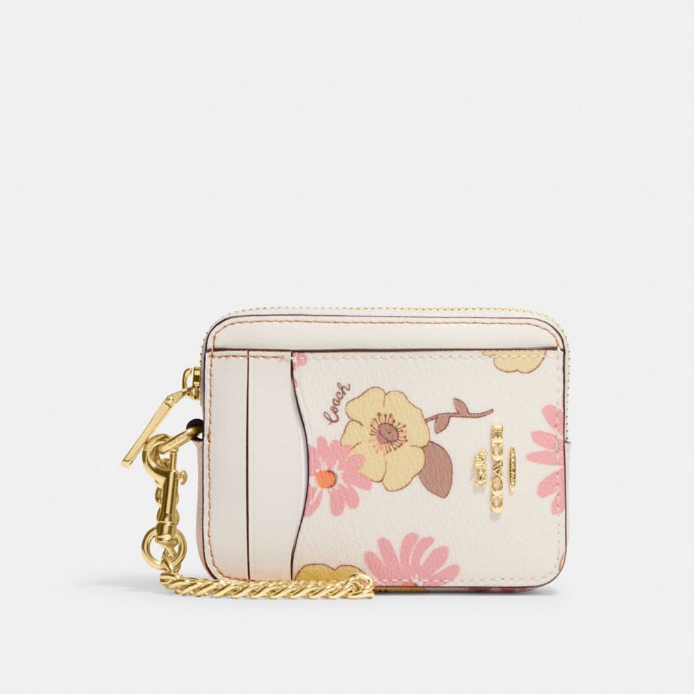 COACH CH650 Zip Card Case With Floral Cluster Print GOLD/CHALK MULTI