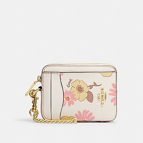 COACH CH650 Zip Card Case With Floral Cluster Print Gold/Chalk-Multi