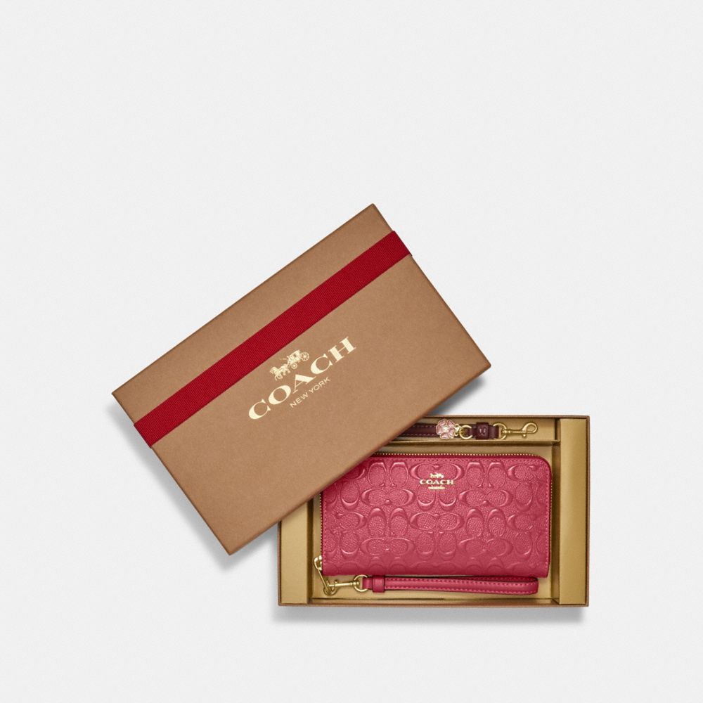 Boxed Long Zip Around Wallet In Signature Leather - CH691 - Gold/Strawberry Haze