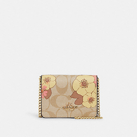 COACH CH714 Mini Wallet On A Chain In Signature Canvas With Floral Cluster Print Gold/Light Khaki Multi