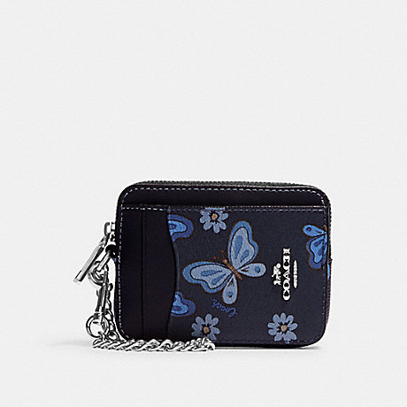 COACH CH715 Zip Card Case With Lovely Butterfly Print Silver/Midnight Navy Multi