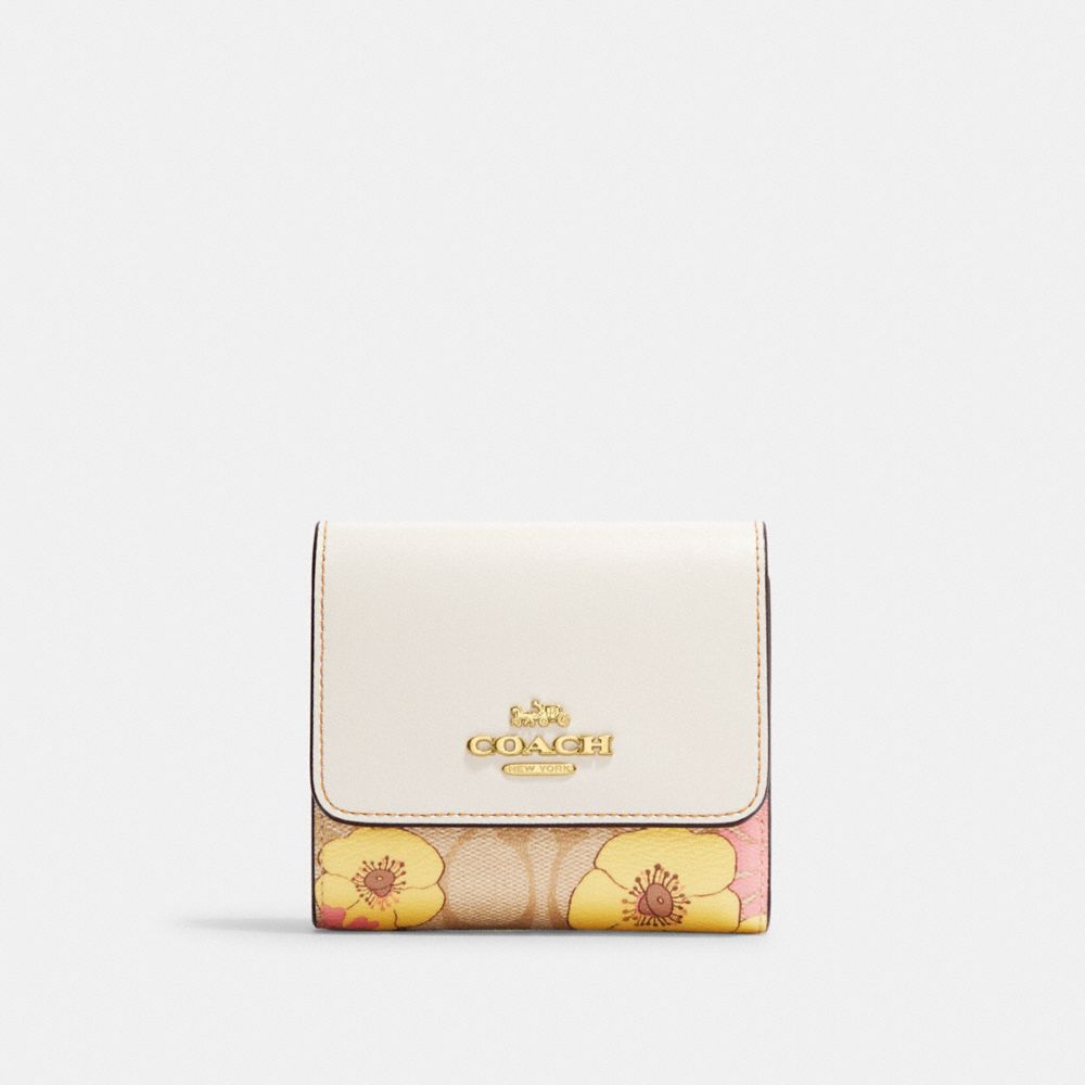 Small Trifold Wallet In Signature Canvas With Floral Cluster Print - CH719 - Gold/Light Khaki Multi