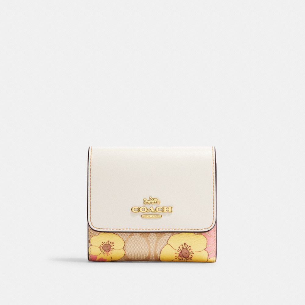 COACH CH719 Small Trifold Wallet In Signature Canvas With Floral Cluster Print GOLD/LIGHT KHAKI MULTI