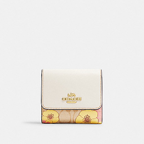 COACH CH719 Small Trifold Wallet In Signature Canvas With Floral Cluster Print Gold/Light-Khaki-Multi