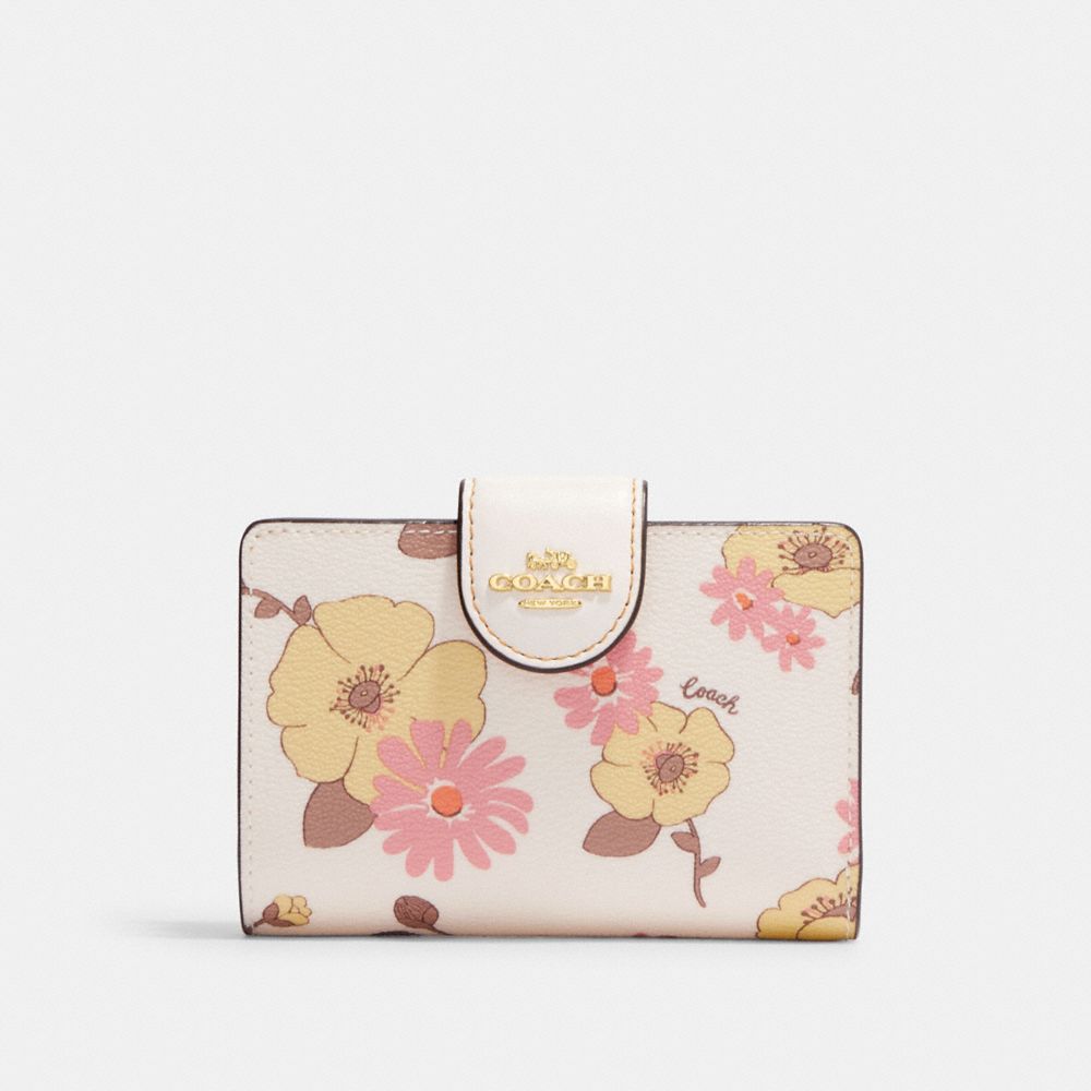 COACH CH734 Medium Corner Zip Wallet With Floral Cluster Print GOLD/CHALK MULTI