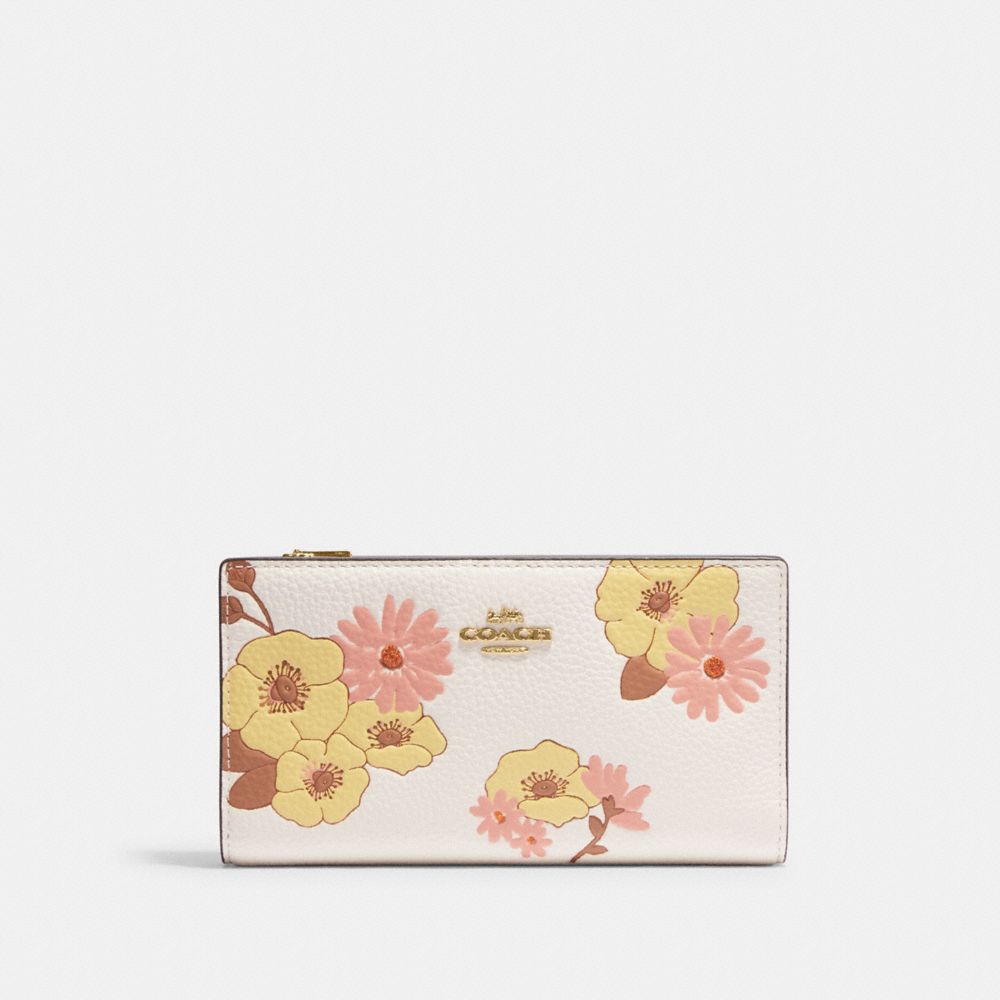 Slim Zip Wallet With Floral Cluster Print - CH777 - Gold/Chalk Multi