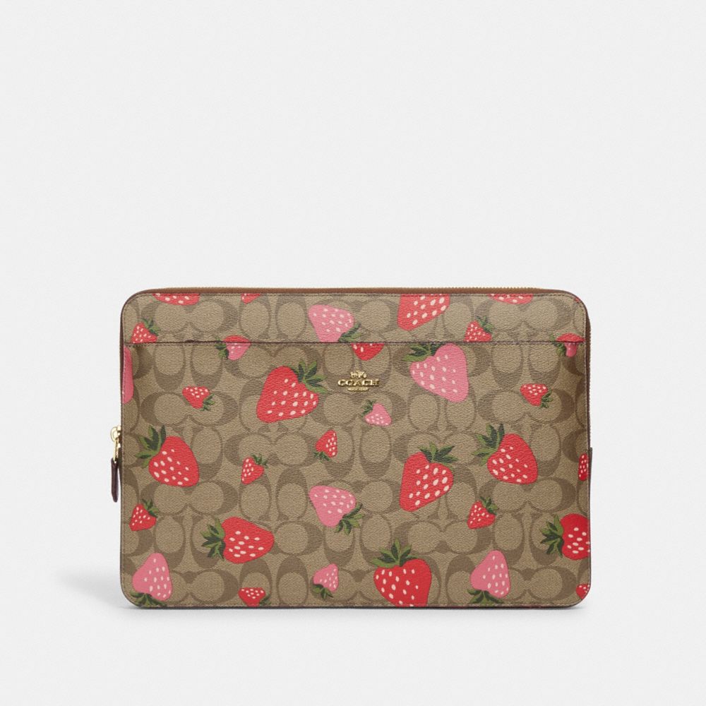 Laptop Sleeve In Signature Canvas With Wild Strawberry Print - CH833 - Gold/Khaki Multi