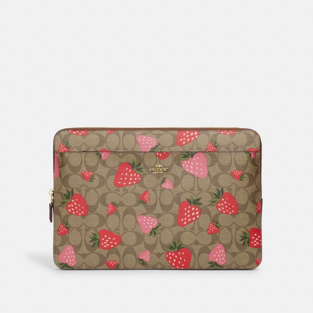 COACH CH833 Laptop Sleeve In Signature Canvas With Wild Strawberry Print GOLD/KHAKI MULTI