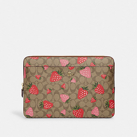 COACH CH833 Laptop Sleeve In Signature Canvas With Wild Strawberry Print Gold/Khaki Multi