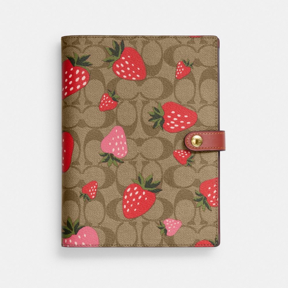 COACH CH836 Notebook In Signature Canvas With Wild Strawberry Print GOLD/KHAKI MULTI