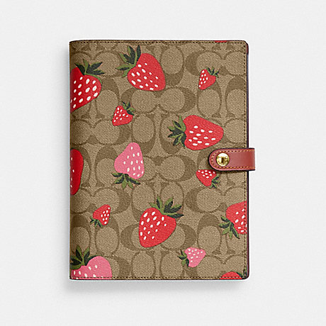 COACH CH836 Notebook In Signature Canvas With Wild Strawberry Print Gold/Khaki-Multi