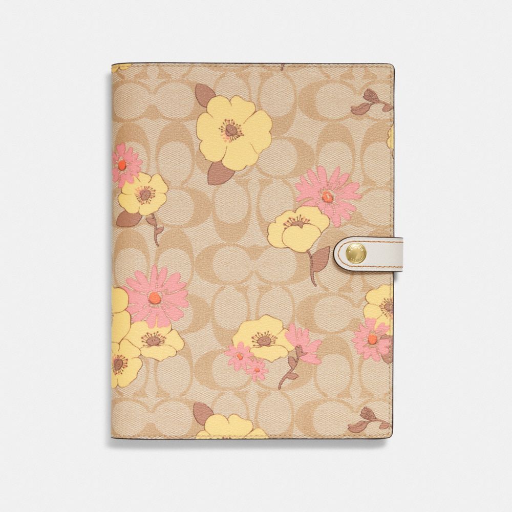 Notebook In Signature Canvas With Floral Cluster Print - CH852 - Gold/Light Khaki Multi